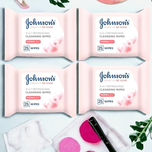 Johnson's REFRESHING Facial Wipes 4 PACK (25 x 4) 100 Wipes - For Normal Skin Cleansing, For Waterproof Mascara, For Smooth Skin with Spring flower Fragrance - Makeup Be Gone