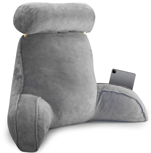Evoio Reading Pillow for Bed Adult, Grey Large 60cm Cuddle Cushion for Sitting Up, Reading Pillow with Headrest, Arms Support, Pocket for Reading, Watching TV, Gaming, Back Pillow Chair for Bed Rest