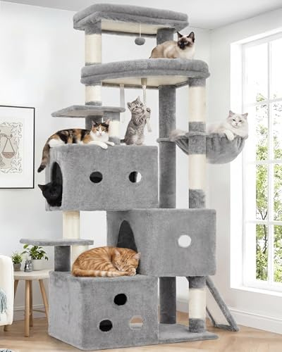 Heybly Rascador para Gatos XXL, 188 cm Árbol Rascador para Gatos Grandes, Torre de Múltiples Pisos, 3 Cuevas Escalonadas, Amplias Perchas Descanso, Postes y Tablas de Sisal, Gris Claro HCT061W