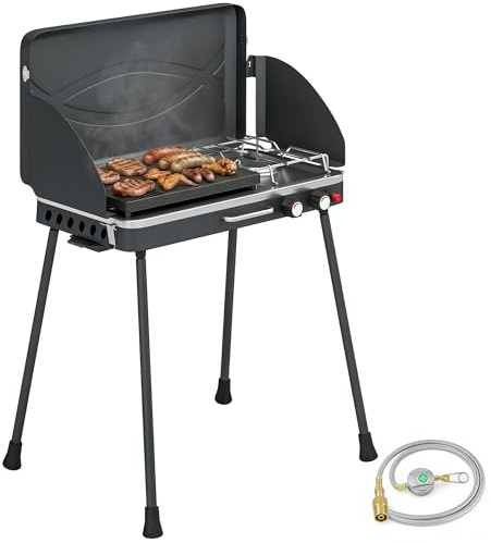 Outsunny Barbacoa de Gas Portátil 2 en 1 7 kW con Plancha Grande Negro