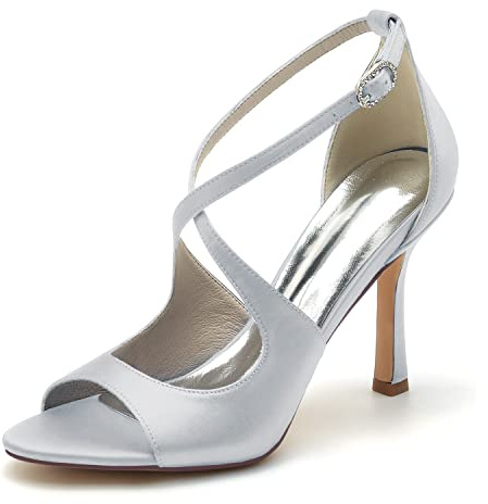 Yhsdfcn Sandales à Talons Aiguilles Satin Ivoire pour Femme, Escarpins Mariage Peep-Toe Élégants pour Soirée Cérémonie,Argent,39EU