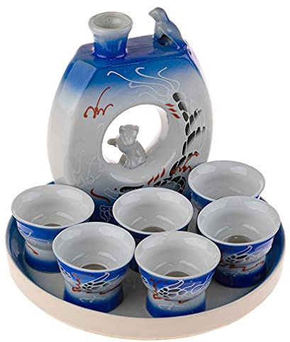 lachineuse - Servizio Sake da Donna denudata - con 6 Ciotole Saké, caraffa e Vassoio - Bicchieri da Sake Giapponesi - Idea Regalo Cinese Cattivo - Servizio Sake Tradizionale Porcellana Giappone - Blu