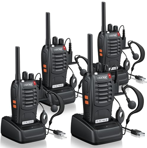 eSynic Walkie Talkie Lizenzfrei PMR446 16 Kanäle Funkgeräte Wiederaufladbarer VOX Radio PMR 0,5 W Funkempfang 16 Kanäle Sprechfunkgerät Mit USB-Ladestation und Headset (4 Stück)