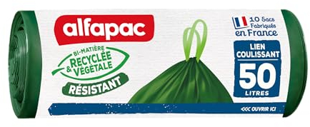 alfapac -10 sacs-poubelle 50L à lien coulissant résistant - fabriqués en France - bi-matière recyclée & végétale