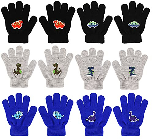 QKURT 6 Paires de Gants Magiques Extensibles pour Enfants de 5 à 13 Ans - Gants d'Hiver à Doigts Colorés, Tricotés et Chauds pour Port Quotidien en Extérieur