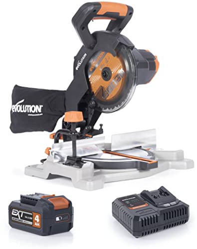 Evolution Power Tools R185CMS-Li Cordless Mitre Saw Multi-Material Cutting, Cuts Wood with Nails, Metal, Plastic & More, Bevel & Mitre Angles, TCT Blade Included - Battery & Charger Included