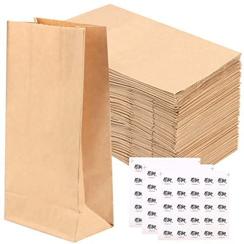SEUNMUK 150 Pack Brown Paper Bags, 17 x 9 x 5.5 cm Kraft Brown Paper Bags With 150 Stickers Food Bags for Bread, Cookies and Gift