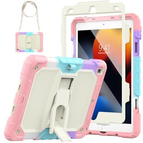 SEYMAC Funda para iPad de 10,2 Pulgadas (iPad 9.ª/8.ª/7.ª Generación), Funda a Prueba de Golpes con Protector de Pantalla/Soporte Plegable/Soporte para Bolígrafo para 2021/2020/2019, Rosa