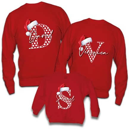 Set Tris di Felpe Famiglia Natale Rosse Maglie Natalizie per papà Mamma Bambino Bambina Maglione Personalizzate con Nome Christmas Letter Idea Regalo Famiglia Natale Natalizie Calda