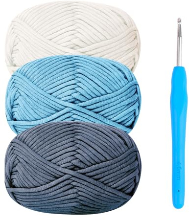 Häkelgarn Baumwolle Häkelwolle Chenille Wolle zum Häkeln 3 x 50g Häkelwolle mit Häkelnadel 4mm,Dickes Baumwoll-Nylon-Mischgarn Blaues Garn