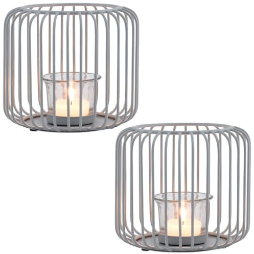2-pack skandinaviska dekorativa ljuslyktor, te- och stearinljushållare, Cibolo, grå, stora