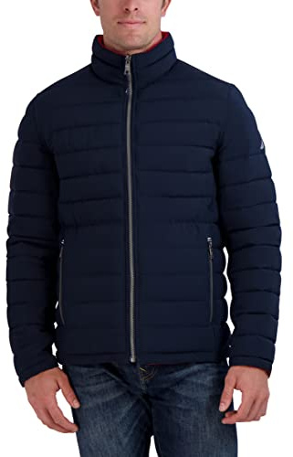 Nautica Men's Reversible Quilted Puffer Jacket –Midweight Mechanical Stretch Winter Coat, Nvy/Red, Small