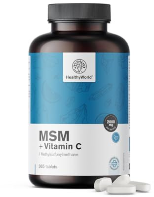 HealthyWorld® MSM 2000 mg - Con Vitamina C - 365 Compresse - 6 mesi di Fornitura - Alta Concentrazione - 2000 mg di Dose Giornaliera - Vegetariano - Senza Additivi - Minerale di Bellezza
