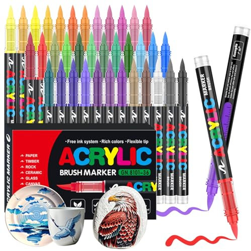 Gelanty Acrylic Paint Pens, 36 Colors Acrylic Marker Pens with Flexible Brush Tip, Direct Liquid Glass Paint Pens for Rock Painting, Ceramic, Wood, Glass