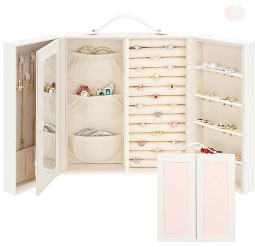 DesignSter Joyero para mujer, Caja Joyero portátil con espejo, organizador de joyas de viaje con asa para anillos, pendientes, pulseras, collares, Beige y rosa