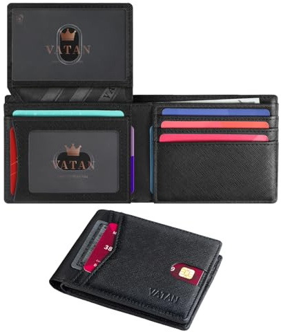 VATAN Portefeuille Homme, en Cuir avec Blocage RFID, 15 Emplacements pour Cartes, 2 ID & Photo Window, 2 Compartiment à Billets, Portefeuille pour Homme avec Boite Cadeau (Croisé Noir)