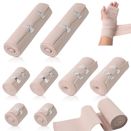 8 rullar elastiskt bandage med förbandsklämmor, elastiskt band återanvändbart, bandage andas för knä handled, 15 cm x 4,5 m, 10 cm x 4,5 m, 7,5 cm x 4,5 m