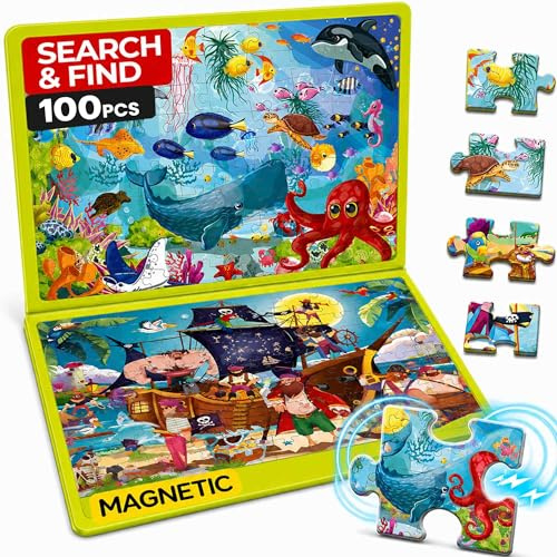 Puzzles Magnétiques Enfants 4 à 6 Ans - Livre Puzzle 3 à 5 Ans | 100 Pièces Puzzles - Deux Puzzles et Deux Jeux des Différences - Livre d'Activités Océan et Pirates - Search and Find