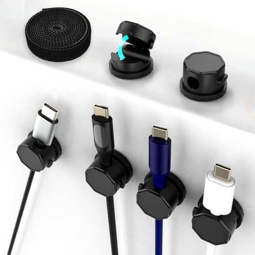 6 clips para cables, soporte magnético autoadhesivo giratorio de 360°, mesita de noche o lugar de trabajo, cable de carga versátil, soporte magnético para cable con mecanismo de resorte