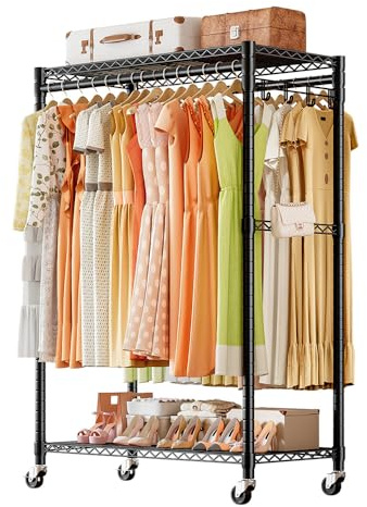 KZOBYD Kleiderstange mit 4 Stangen, Schwerlast Rollkleiderstange Kleiderständer mit Aufbewahrungsregalen, Offener Kleiderschrank Kleiderständer mit Rollen & 2 Paar Seitenhaken, Schwarz