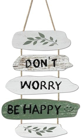 Dazzlewall 5Pcs Inspirierendes Wanddeko Wandbild mit Spruch Don't Worry Be Happy, Rustikale Boho Botanisches Olivenblätter Holzbild für Wohnzimmer Schlafzimmer Tür Deko 33x24 cm