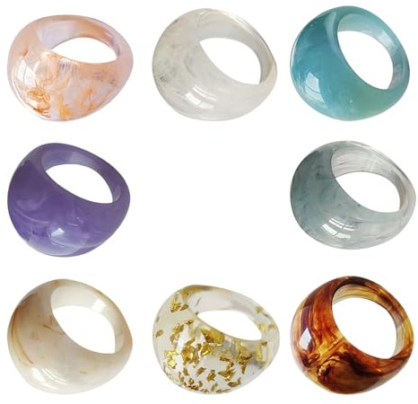 WATIIFUFU 8 St Chunky Akryl Resin Ringar för Kvinnor Färgglada Tjocka Dome Knuckle Ringar Trendiga Statement Smycken för Fest Bröllop och Födelsedag