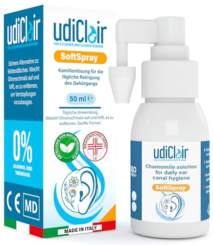 Spray Auricular para Eliminación de Cerumen 50ml UdiClair SoftSpray Solución Isotónica Manzanilla Sin Alcohol para Eliminar y Prevenir Tapones de Cera Ancianos Adultos Niños Made in Italy