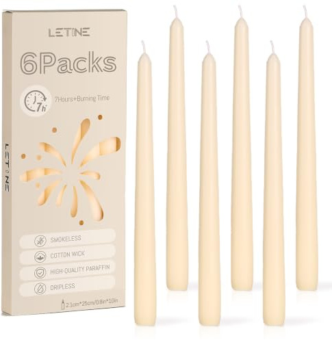 6 Pack Tapered Dinner Candles, 7-8 Hour Candlestick Long Burning (25cm)