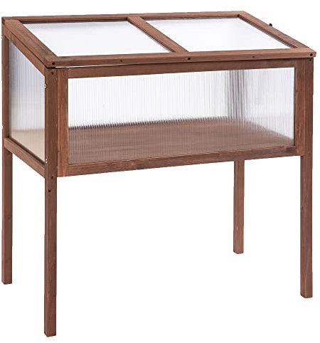 Outsunny Mini Serra da Giardino Letto per Orto Rialzato per Piante Struttura in Legno e Policarbonato con Tetto Apribile e Inclinato, 90x50x93cm