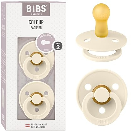 BIBS Colour Soother 2-Pack, BPA Free Dummy Pacifier, Round Nipple. Natural Rubber Latex, Made in Denmark, Size 2 (6-18 Months), Ivory