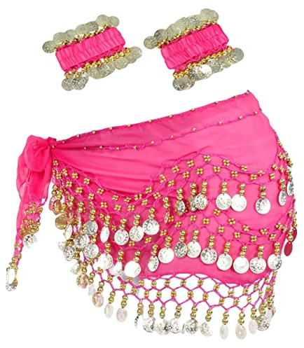Morices Belly Dance Hip Scarf with Bracelets, Chiffon Scarf Wrap Belt Sash Skirt with Gold Coins for Performance Costume Yoga Class