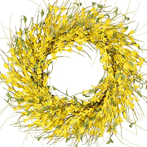 GTIDEA 24 Spring Wreaths for Front Door Artificial Forsythia Flower Wreath on Grapevine Yellow Wreath with Green Leaves Silk Floral Wreath for Home Indoor Wall Window Garden Porch Farmhouse Decor