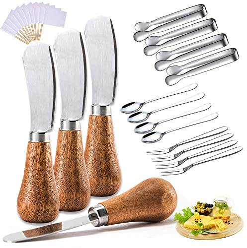 Vertikaler Käsestreuer mit Holzgriff, niedliches stehendes Buttermesser, Edelstahl, Mini-Servierzange, Löffel, Gabeln für Obst, Picknick, Wurstwaren, 4 Stück