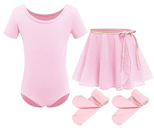 Mädchen Ballettkleidung Kinder Ballettkleid Baumwolle Kurzarm Balletttrikot Tanzbody Ballettanzug Tanzkleid Gymnastik Trikot mit Tütü Chiffon Wickelrock Strumpfhosen Set Tanzkleid Rosa 6-7 Jahre