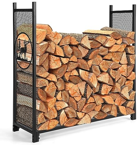 COSTWAY Vedhylla, stort vedställ av metall, vedhylla för inomhus- och utomhusbruk, vedhylla som kan belastas upp till 140 kg, 121 x 38 x 117 cm