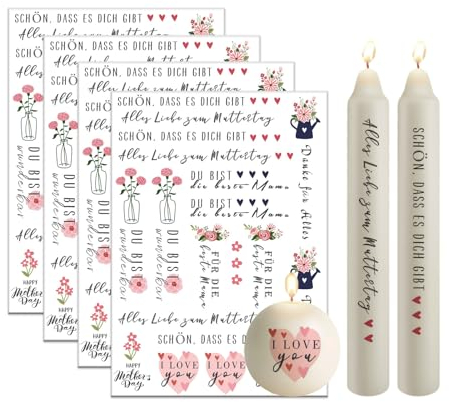 Bolosa 4 Stück Kerzentattoos 19x14cm, Wasserschiebefolie Muttertag, Kerzen Tattoo Folie, Kerzentattoos Stabkerzen SprüChe, DIY Kerzenfolie(Muttertag b)