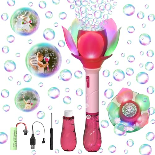 Blumen Seifenblasenstab, Elektronische Seifenblasenmaschine für Kinder Prinzessinnen Stab, Automatische Seifenblasenpistole mit Seifenblasenlösung, Bubble Machine 10000+ Blasen,Seifenblasen Zauberstab