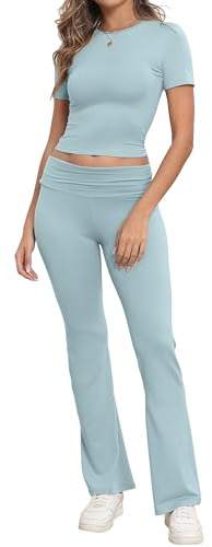 IWOLLENCE Loungewear Sets for Women UK Two Piece Outfit Short Sleeve Crop Top and High Elastic Waist Wide Leg Trousers Co Ord Set (Light Blue, XS)