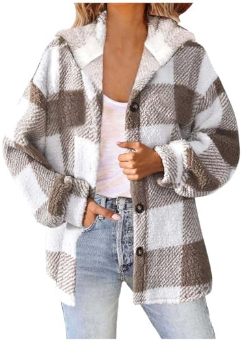 Veste a Carreaux Femme Automne Et Hiver Manches Longues Bouton Revers DéContracté Chaud à Carreaux Manteau De Laine Chemise Décontractée Veste Boutonnée en Sherpa pour Femme