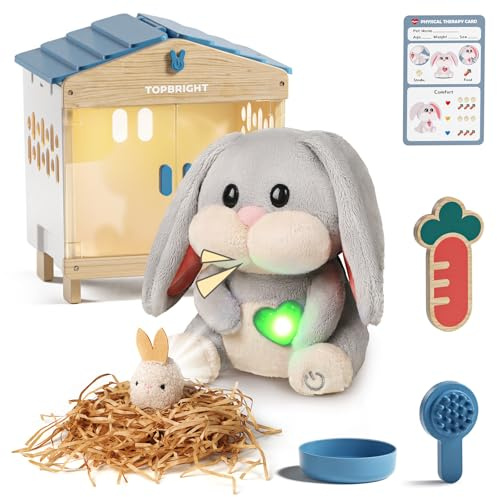 TOP BRIGHT Realistic Bunny Toys for Kids, Bunny Stuffed Animal with Sounds & Light, Interactive Robot Rabbit Toy, Pretend Play Toys for Girls, Easter Basket Stuffers Birthday Gift for Kids Ages 3+