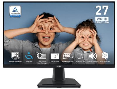 MSI PRO MP275QDE 27-Zoll-WQHD-Büromonitor – 2560 x 1440 IPS-Panel, 100 Hz, augenschonender Bildschirm, integrierte Lautsprecher, neigbar – HDMI 2.0b, DP (1.2a)