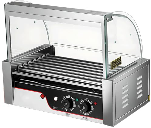 Hot dog roll maker, 1050W sausage roaster, equipped with 7 non-stick rollers, a removable stainless steel drip tray, and a glass cover. Features dual temperature control from 0-250°C