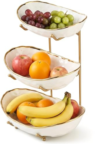 OUAYEMEL Ceramic Fruit Bowl with Metal Stand, 3 Tier Fruit Bowl for Home Party Kitchen Counter, Tiered Fruit Basket for Snacks Candy Bread Storage, White and Gold (White A)