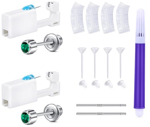 LAURITAMI 2 stycken öronhåls stickset, öronhålspistol med färgade 3 mm 4 mm CZ-örhängen, sterila öronhål, gör-det-själv stickande för hemmabruk, Rostfritt stål