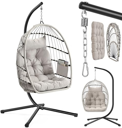 SONGMICS Silla Colgante de Exterior, Cesta Plegable, Sillón Hamaca Tipo Huevo, Altura Ajustable, Bolsillo Lateral, Asiento Acolchado, para Sala de Estar, Jardín y Balcón, Blanco GDC050WZ01