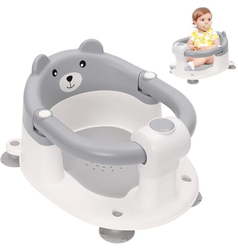 Seggiolino da Bagno per Bambini 6-24 Mesi, Seggiolino Doccia Neonato Antiscivolo con 4 Ventose Forti e Schienale Ergonomico, Sedia Doccia Bambini Portatile, Regalo per Neonati e Neomamme(Grigio)