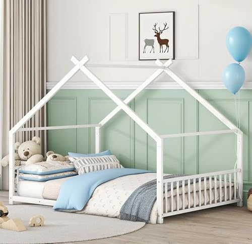 Bellemave Full Size Floor BedFrame with Slats for Kids, Metal Montessori Floor Beds, House Bed for Kids, White with roof