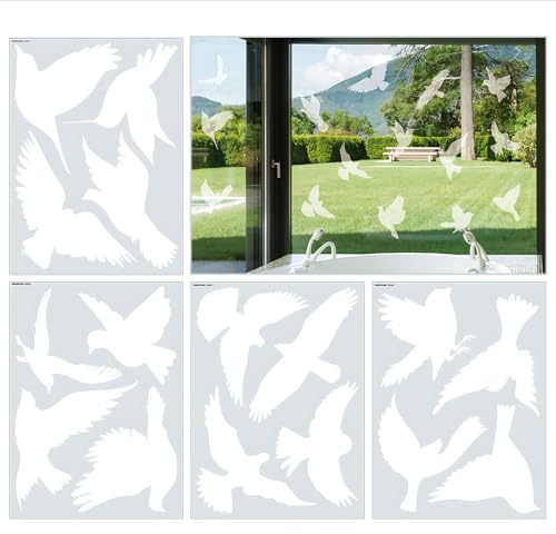 CZAKOMIX 4 Hojas Pegatinas Anticolisión para Aves en Ventanas, Decoración de Ventanas, Prevención de Colisiones de Aves - 16 Diseños de Pájaros, Adhesión Estática y Sin Adhesivo, Reutilizable(Blanco)