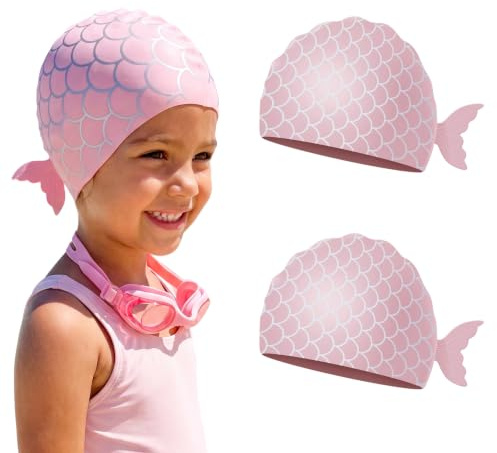 Bonnet de Bain Enfant 2 pièces pour Fille, Bonnet de Natation Amusant pour Cheveux Longs ou Courts, Bonnet de Bain en Silicone avec élasticité et extensibilité, Bonnet de Natation étanche (3-12 Ans)