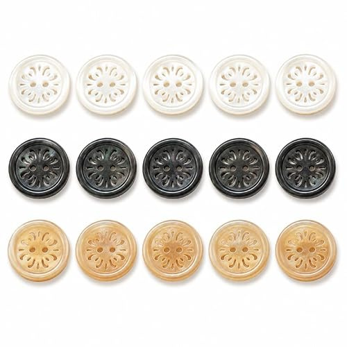 Sukizifa Pärlknappar 15 stycken 11,5 mm svart vit beige 2 hål blommönster skalknappar för sömnad hantverk skjortknappar dekorativa knappar kläder gör-det-själv set